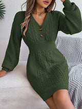 BEAUTIFUL I AM Buttoned Cable-Knit V-Neck Sweater Dress