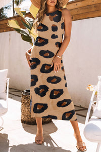 BEAUTIFUL I AM Leopard Round Neck Sleeveless Midi Dress