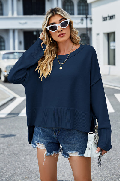 BEAUTIFUL I AM Round Neck Dropped Shoulder Slit Sweater