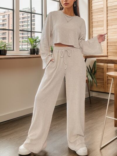 BEAUTIFUL I AM Ribbed Round Neck Top and Drawstring Pants Set