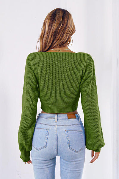 BEAUTIFUL I AM Bow V-Neck Long Sleeve Cropped Sweater