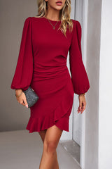 BEAUTIFUL I AM Ruched Ruffled Balloon Sleeve Mini Dress