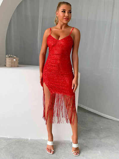 BEAUTIFUL I AM Sequin Fringe Spaghetti Strap Dress