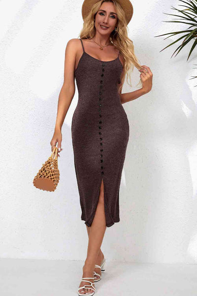 BEAUTIFUL I AM Decorative Button Slit Midi Dress