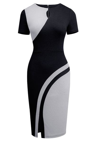 BEAUTIFUL I AM Two-Tone Round Neck Short Sleeve Slit Dress