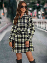 BEAUTIFUL I AM Plaid Tie Front Collared Neck Long Sleeve Dress