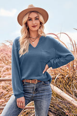 BEAUTIFUL I AM V-Neck Dropped Shoulder Waffle-Knit Blouse Shirt