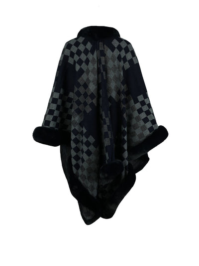 BEAUTIFUL I AM Checkered Faux Fur Trim Poncho