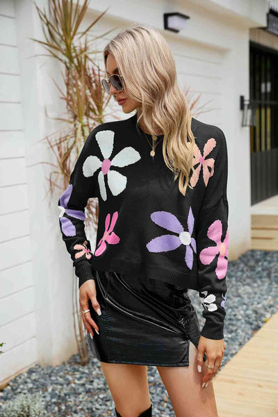 BEAUTIFUL I AM Flower Round Neck Drop Shoulder Sweater