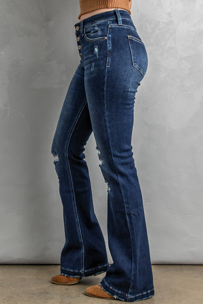 BEAUTIFUL I AM Button Fly Distressed Bootcut Jeans