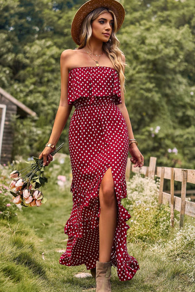 BEAUTIFUL I AM Polka Dot Strapless Slit Ruffled Maxi Dress