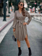 BEAUTIFUL I AM Printed Notched Tie Front Long Sleeve Dress