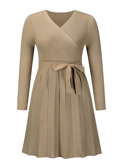 BEAUTIFUL I AM Surplice Neck Tie Front Pleated Sweater Dress