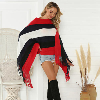 BEAUTIFUL I AM Striped Fringe Trim Poncho