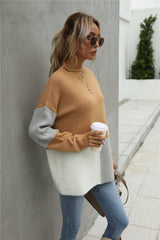 BEAUTIFUL I AM Color Block Round Neck Dropped Shoulder Sweater