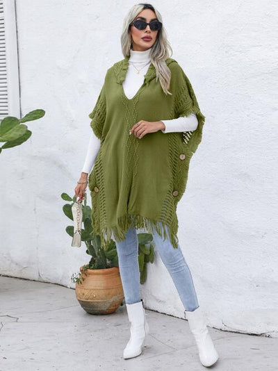 BEAUTIFUL I AM Fringe Trim Buttoned Hooded Poncho