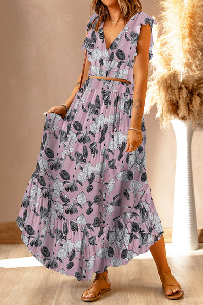 BEAUTIFUL I AM Printed Tie Back Cropped Top and Maxi Dress Set