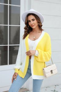 BEAUTIFUL I AM Open Front Contrast Color Balloon Sleeve Cardigan