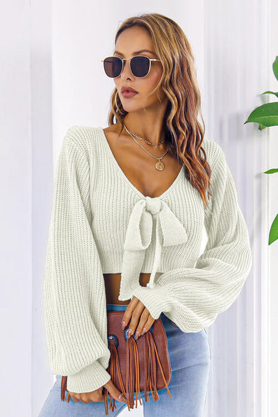 BEAUTIFUL I AM Bow V-Neck Long Sleeve Cropped Sweater