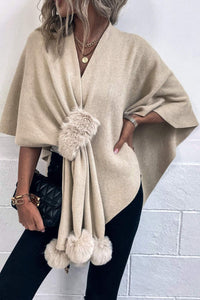 BEAUTIFUL I AM Surplice Neck Pom-Pom Trim Poncho