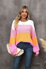 BEAUTIFUL I AM Color Block Round Neck Dropped Shoulder Sweater