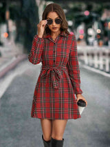 BEAUTIFUL I AM Plaid Tie Front Collared Neck Long Sleeve Dress