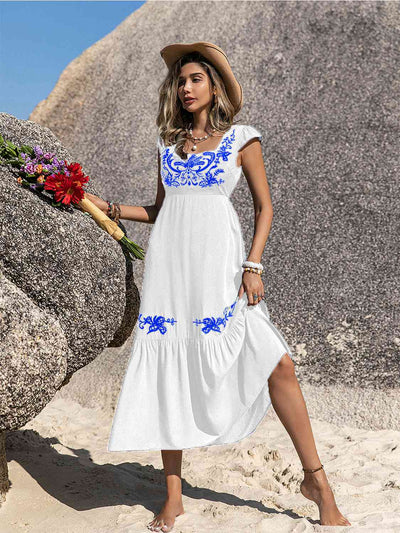 BEAUTIFUL I AM Embroidered Square Neck Ruffle Hem Dress