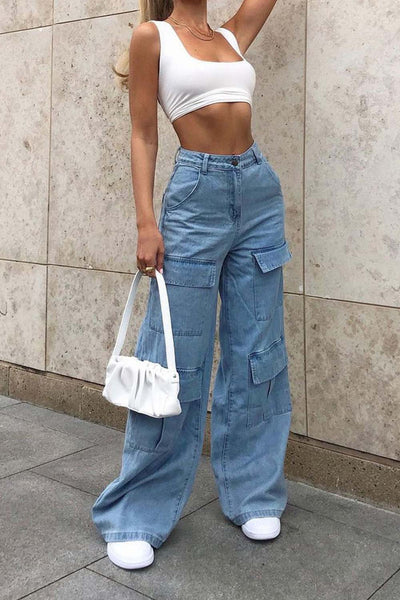 BEAUTIFUL I AM Wide Leg Knee Pocket Jeans