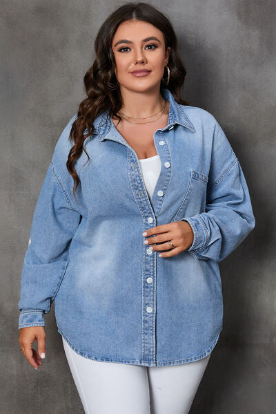 BEAUTIFUL I AM Plus Size Button Up Pocketed Denim Shirt