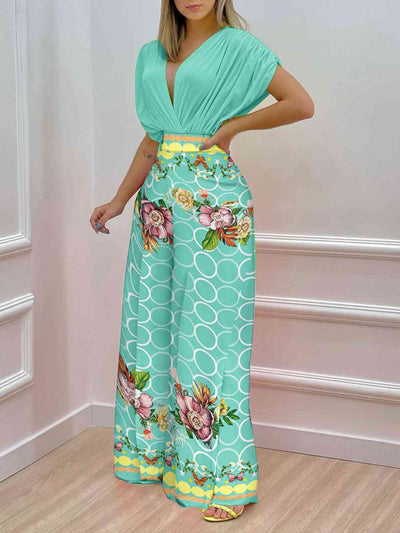 BEAUTIFUL I AM Printed Surplice Top and Wide Leg Pants Set