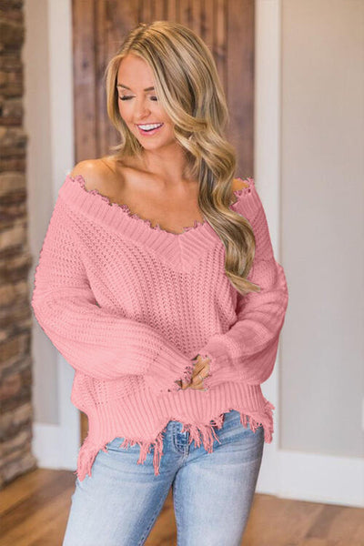 BEAUTIFUL I AM Frayed Hem Dropped Shoulder Sweater