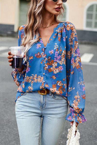 BEAUTIFUL I AM Floral Print Flounce Sleeve Blouse Shirt