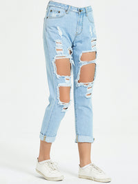 BEAUTIFUL I AM Button Fly Distressed Cropped Jeans