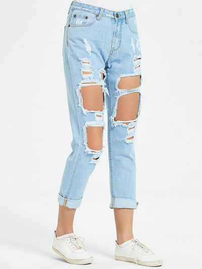 BEAUTIFUL I AM Button Fly Distressed Cropped Jeans