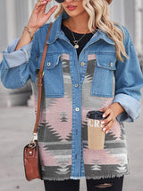 BEAUTIFUL I AM Geometric Raw Hem Button Up Denim Jacket