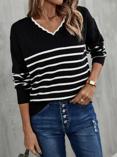 BEAUTIFUL I AM Striped V-Neck Drop Shoulder Sweater