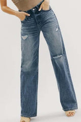 BEAUTIFUL I AM Button Fly Distressed Washed Jeans