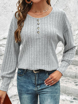 BEAUTIFUL I AM Decorative Button Round Neck Top Shirt