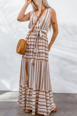 BEAUTIFUL I AM Striped Tie Waist Slit Sleeveless Dress