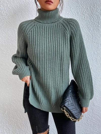 BEAUTIFUL I AM Full Size Turtleneck Rib-Knit Slit Sweater