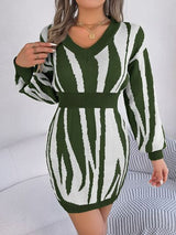 BEAUTIFUL I AM V-Neck Animal Print Long Sleeve Sweater Dress