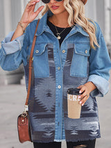 BEAUTIFUL I AM Geometric Raw Hem Button Up Denim Jacket