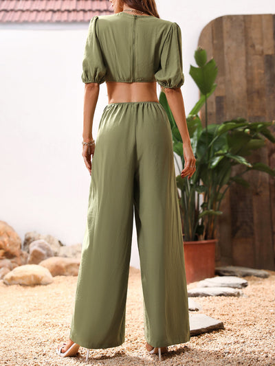 BEAUTIFUL I AM Cutout V-Neck Balloon Sleeve Pants Jumpsuit