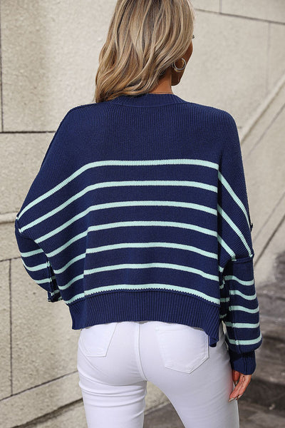 BEAUTIFUL I AM Striped Dropped Shoulder Round Neck Pullover Sweater