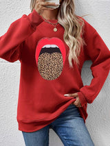 BEAUTIFUL I AM Leopard Lip Graphic Round Neck Sweatshirt