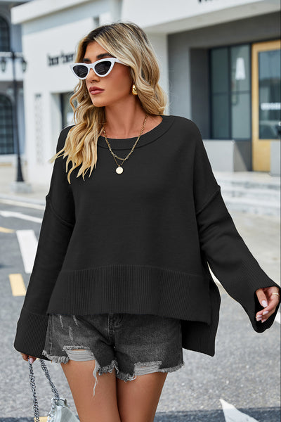 BEAUTIFUL I AM Round Neck Dropped Shoulder Slit Sweater