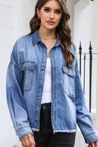 BEAUTIFUL I AM Raw Hem Pocketed Collared Neck Denim Jacket