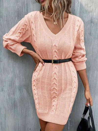 BEAUTIFUL I AM Cable-Knit V-Neck Sweater Dress