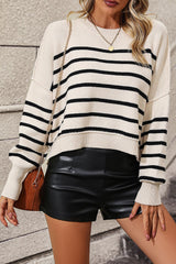 BEAUTIFUL I AM Striped Dropped Shoulder Round Neck Pullover Sweater