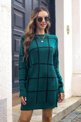 BEAUTIFUL I AM Plaid Round Neck Long Sleeve Sweater Dress